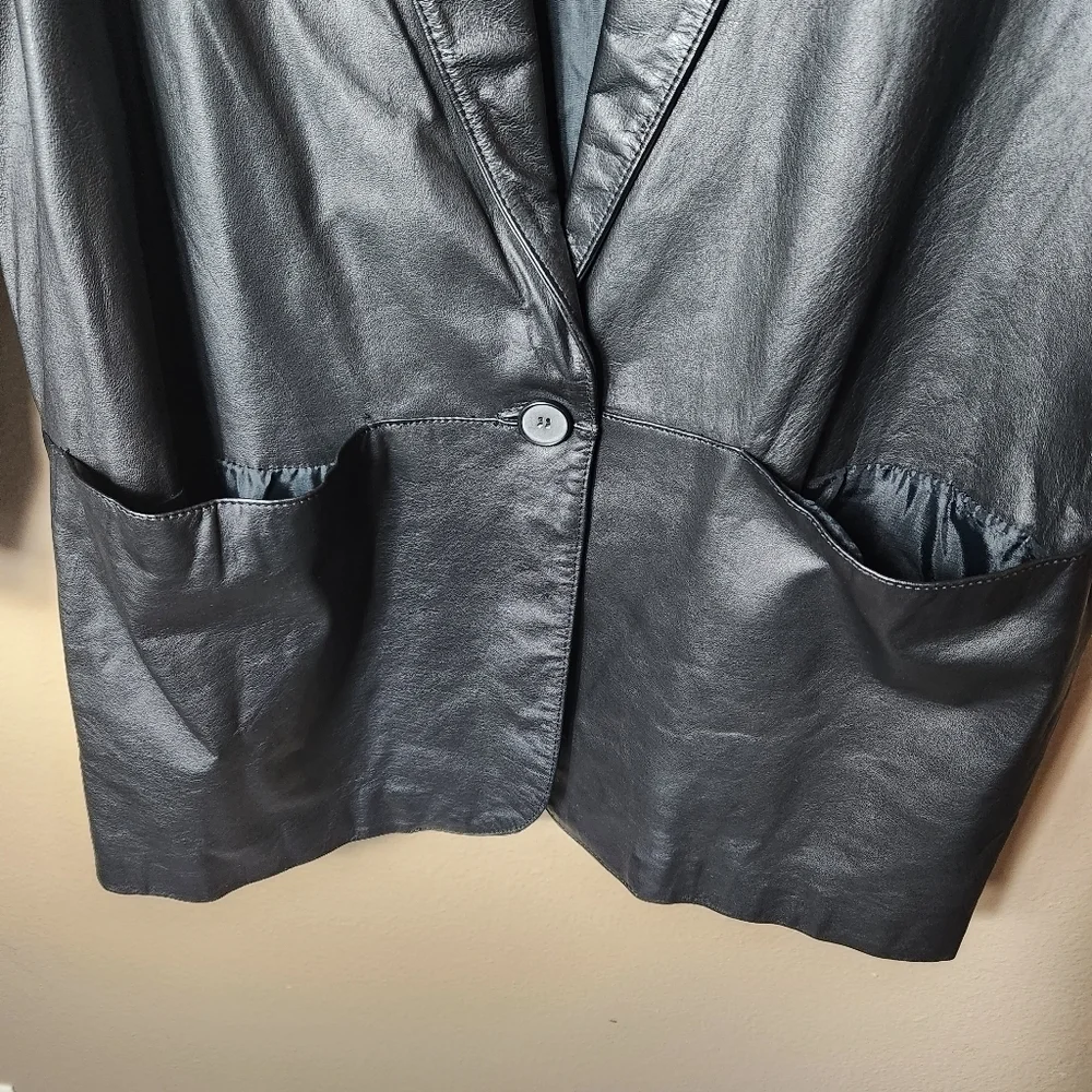 Vintage Womens Tibor 90s Black Leather One Button Blazer-Size 10